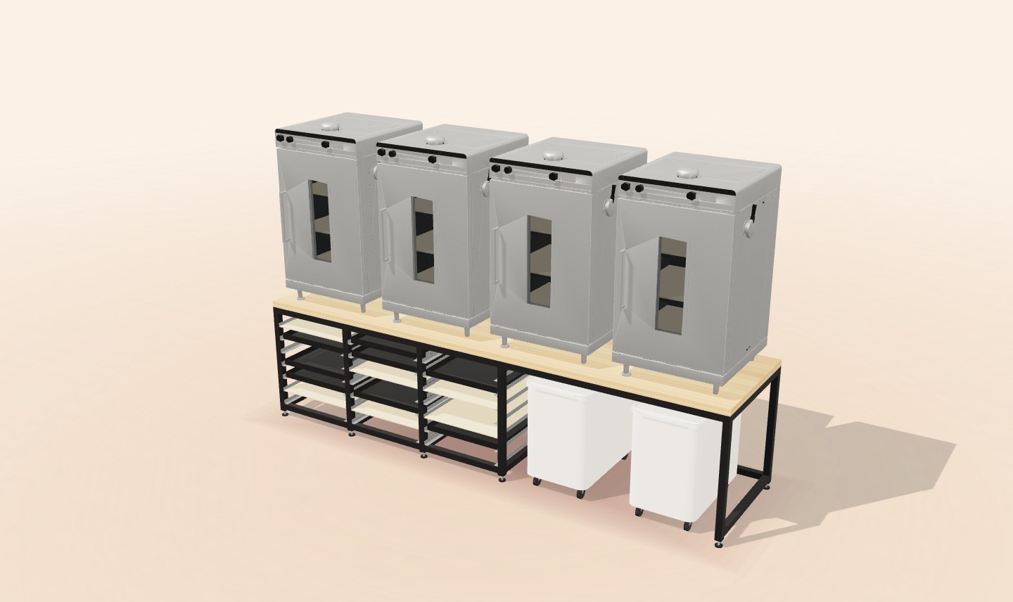 Four Simply Bread ovens on a custom black steel stand with a maple top, three rack bays and an open bay below